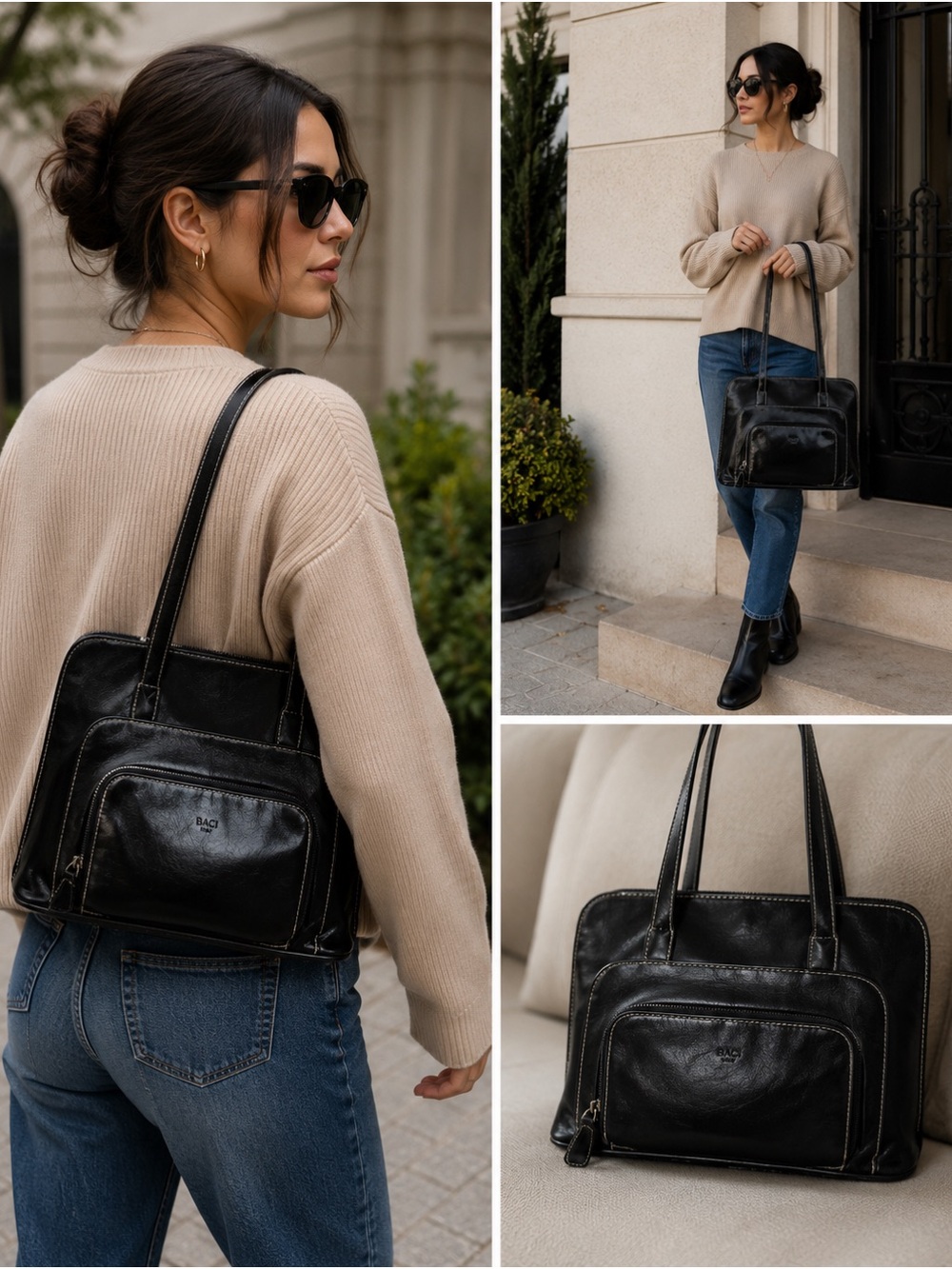 BACI Italy Black Leather Multi Compartment Shoulder Bag Purse